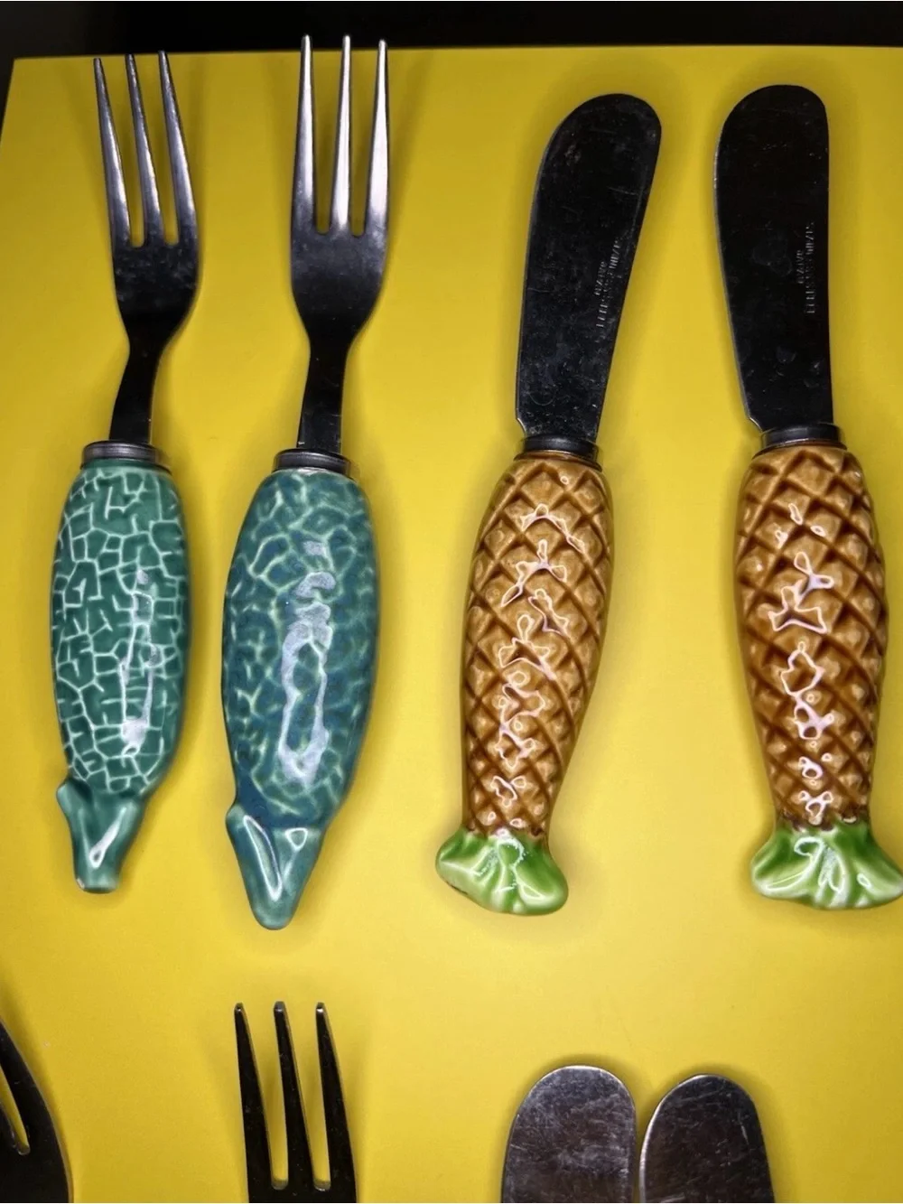Vintage Japan Fruit Handle Flatware Set Ceramic Knives Forks Stainless Steel